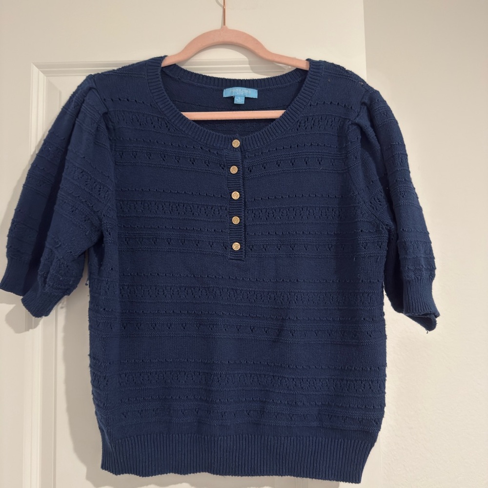 Draper James Navy Blue Knit Sweater with Button Detail